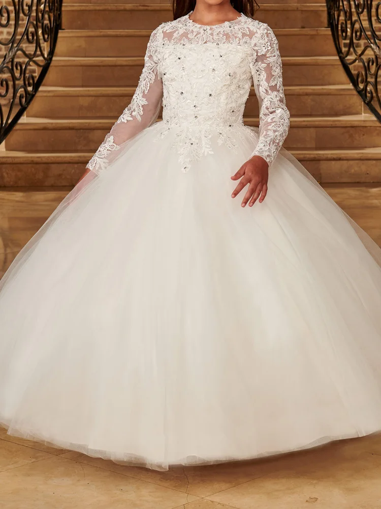 Long Sleeves Flower Girl's Dress Open Back Ball Gowns Girls' Party Dresses Sheer with Applique Sequins White, Ivory, Champagne,
Long Sleeves Flower Girl's Dress Open Back Ball Gowns Girls' Party Dresses Sheer with Applique Sequins White, Ivory, Champagne,