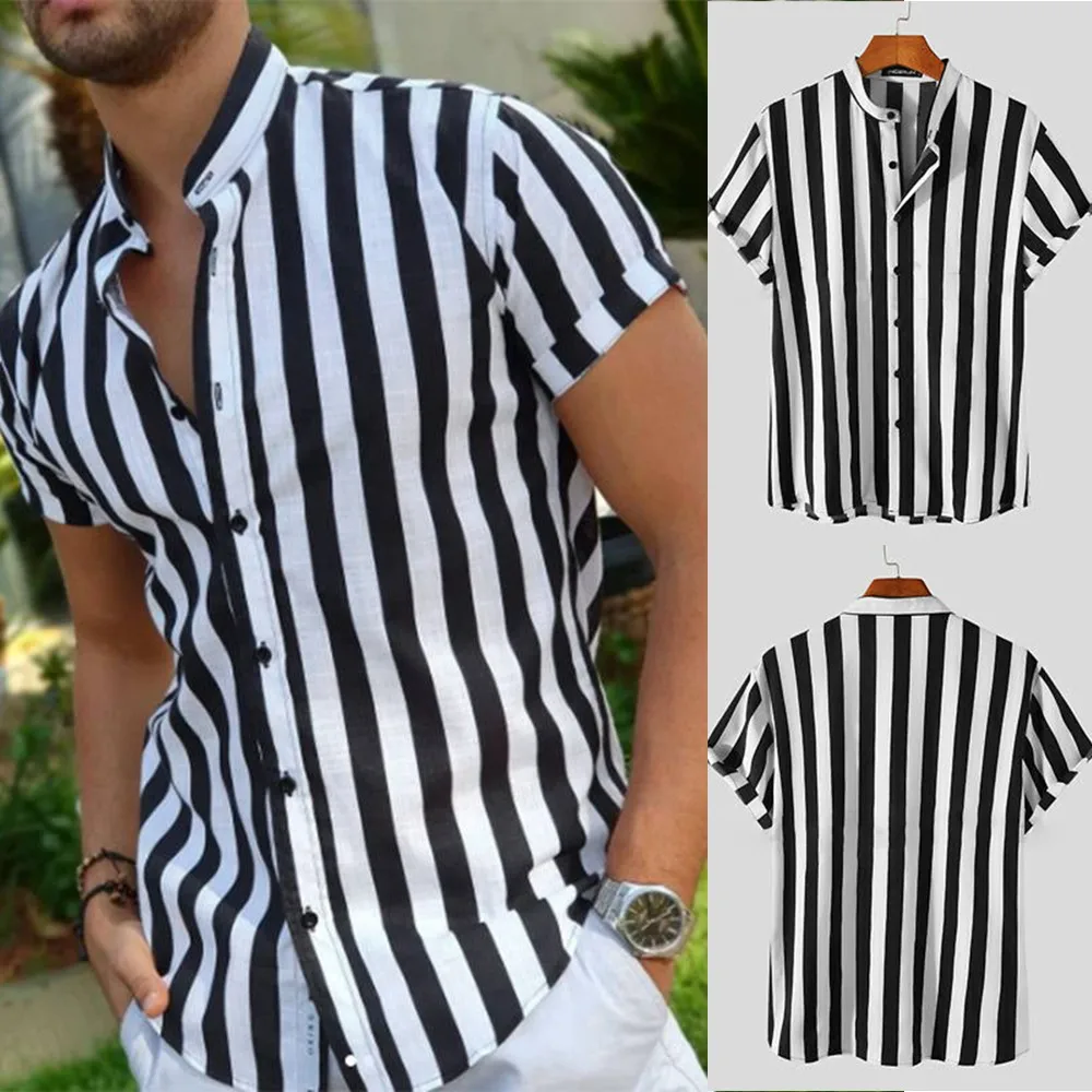 New Mens Short Sleeve Collarless Striped Printed Casual Shirts Henley T Shirt Blouse For Summer Male
New Mens Short Sleeve Collarless Striped Printed Casual Shirts Henley T Shirt Blouse For Summer Male