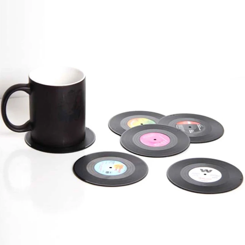 

Retro Glass Coaster Set Vinyl Record Drinks Mat Coasters Table Cup Mat Coffee Placemat PVC Drinks Coaster Kitchen Home Decor