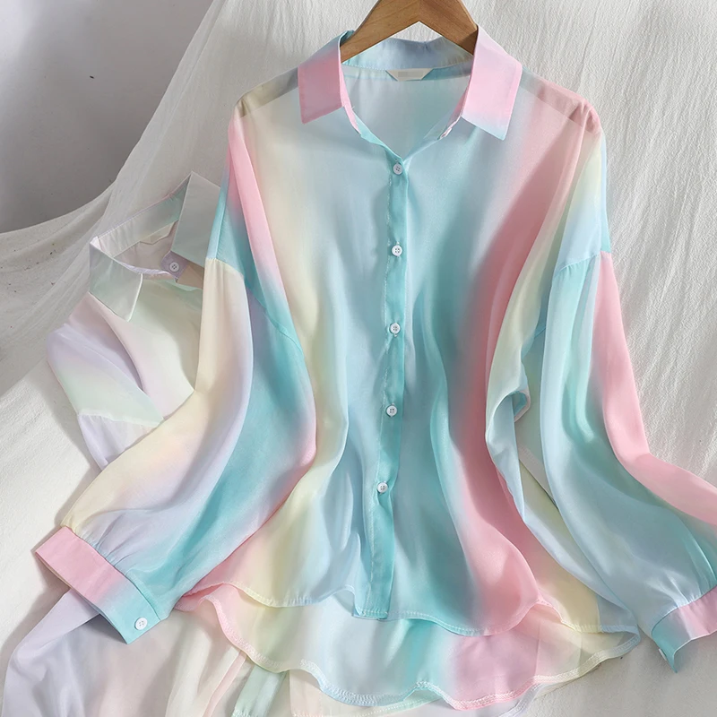 Винтажная тонкая шифоновая рубашка средней длины, милая рубашка с пуговицами радужного цвета, топы, женская летняя нежная Солнцезащитная рубашка, модная
Винтажная тонкая шифоновая рубашка средней длины, милая рубашка с пуговицами радужного цвета, топы, женская летняя нежная Солнцезащитная рубашка, модная
