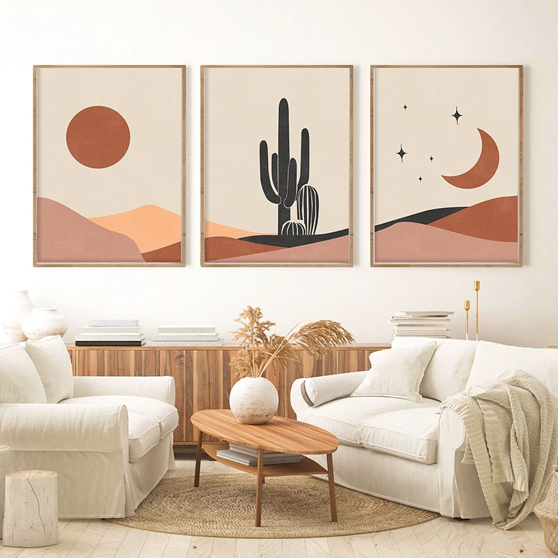 

Modern Mid Century Abstract Landscape Poster Print Canvas Painting Wall Art Sun and Moon Cactus Pictures for Living Room Decor