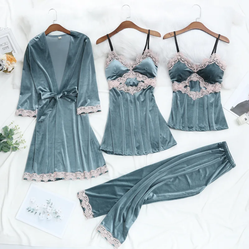 4PCS Pajamas Set Women Sexy V-Neck Sleepwear Lace Trim Strap Top&Pant Solid Velour Nightwear Casual Home Wear With Belt
4PCS Pajamas Set Women Sexy V-Neck Sleepwear Lace Trim Strap Top&Pant Solid Velour Nightwear Casual Home Wear With Belt