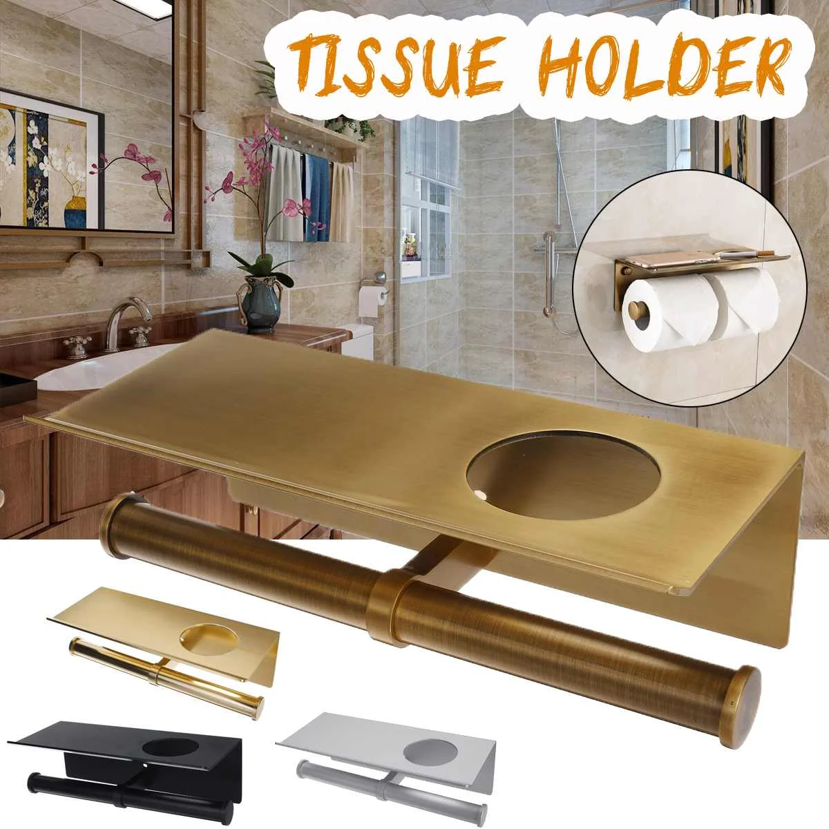 Double Roll Toilet Paper Holder with Phone Shelf Stainless Steel Gold Bathroom Tissue Holder Wall Mounted Tissue Dispense
Double Roll Toilet Paper Holder with Phone Shelf Stainless Steel Gold Bathroom Tissue Holder Wall Mounted Tissue Dispense