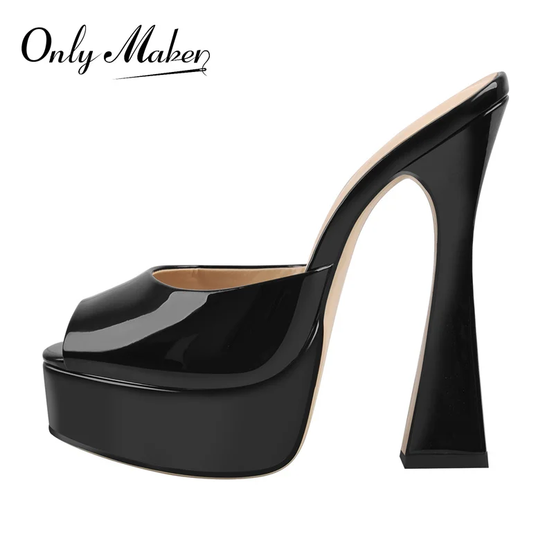 

Onlymaker Peep Toe Slip-On Sandals Summer Women Platform Black White Patent Leather Spike Chunky High Heel Fashion Slippers