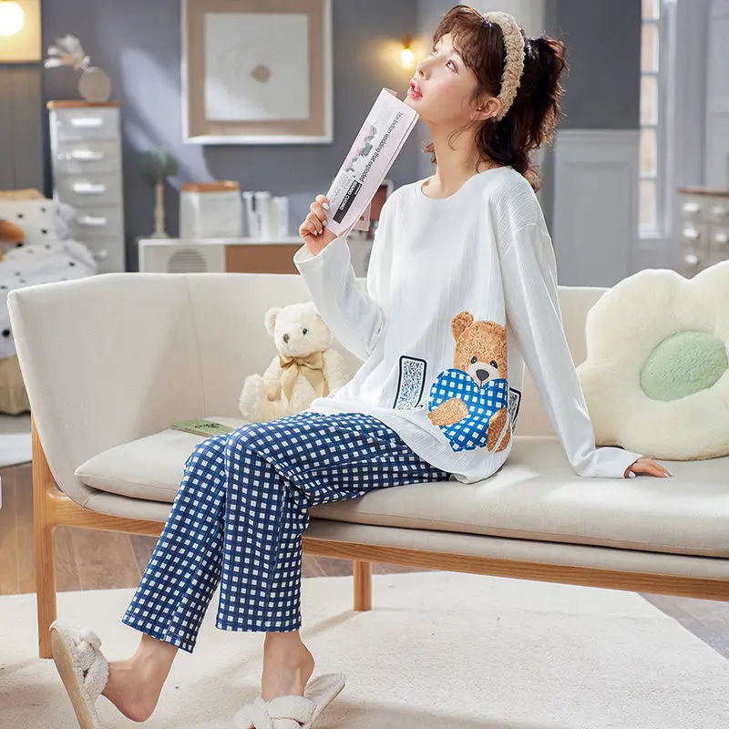 Женская пижама с длинными рукавами, осенняя хлопковая дышащая свободная Пижама большого размера, новая Хлопковая пижама можно носить дома 
Женская пижама с длинными рукавами, осенняя хлопковая дышащая свободная Пижама большого размера, новая Хлопковая пижама можно носить дома