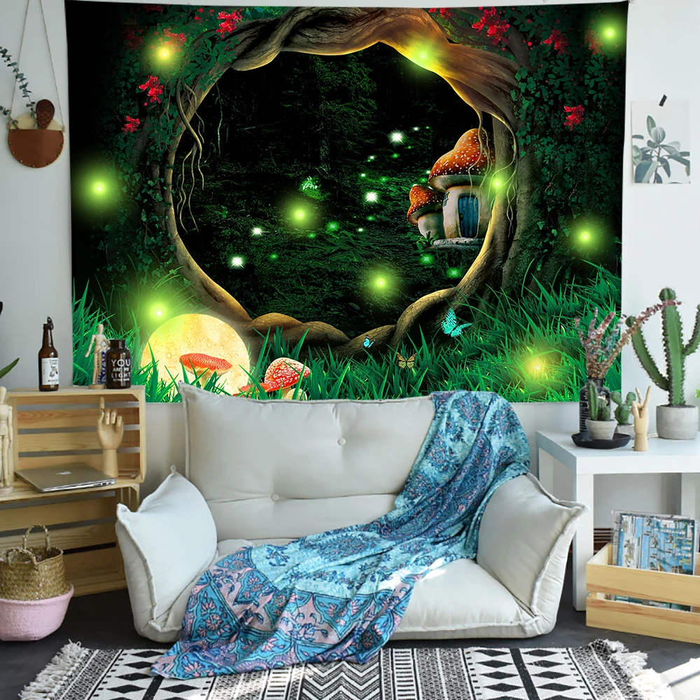 

Psychedelic Forest Tapestry Firefly World Map Art Wall Hanging Tapestries for Living Room Bedroom Home Dorm Decor