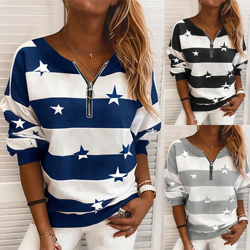 ZOGAA 2021 New T-Shirt Star Pattern Striped Cotton Sleeve Pullover Top Long Sleeve Women's V-Neck Zip-Up Shirt Fashion Casual
ZOGAA 2021 New T-Shirt Star Pattern Striped Cotton Sleeve Pullover Top Long Sleeve Women's V-Neck Zip-Up Shirt Fashion Casual