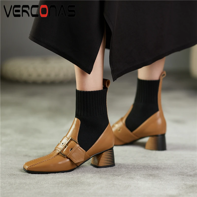 VERCONAS Autumn Winter Women Ankle Boots New Rivets Buckle Fashion Casual Genuine Leather Thick Heels Knitting Slim Short Boots
VERCONAS Autumn Winter Women Ankle Boots New Rivets Buckle Fashion Casual Genuine Leather Thick Heels Knitting Slim Short Boots