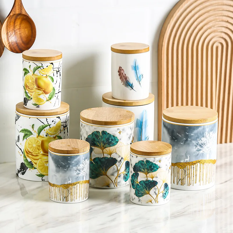 

Nordic Ceramic Airtight Jar Kitchen Coffee Tea Caddy with Wooden Lid Dried Fruit Food Storage Box Kitchen Storage Jar