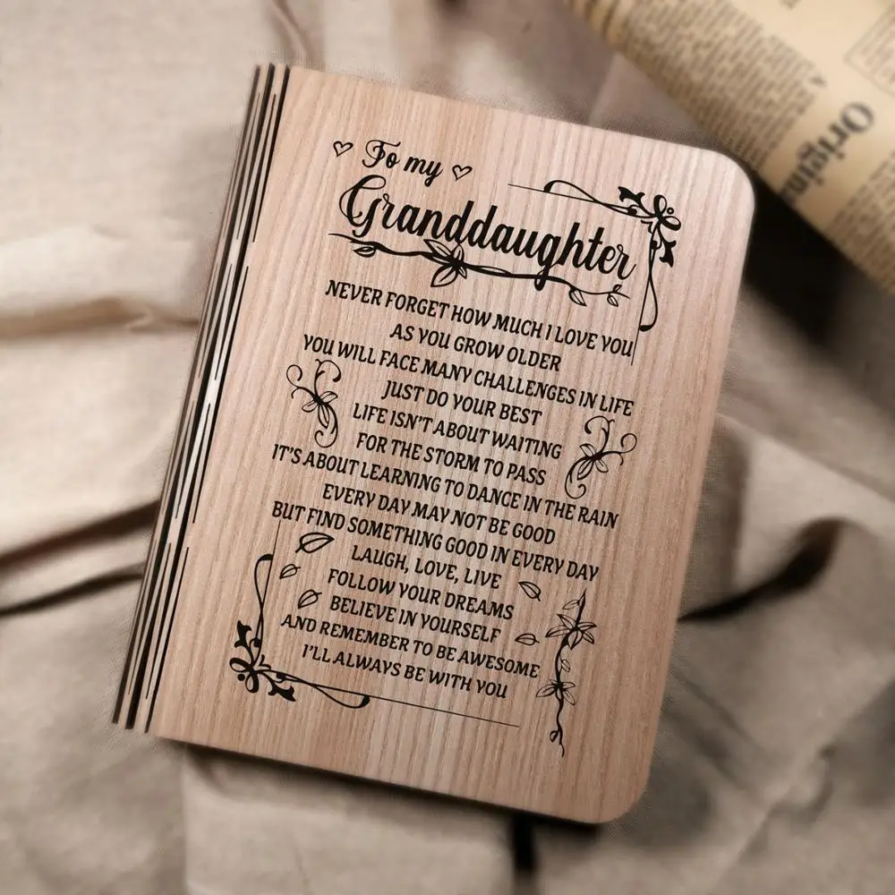 To Granddaughter Sculpted content wooden book lamp Portable USB Rechargeable LED Magnetic 3 color Dimmable Foldable Night Light
To Granddaughter Sculpted content wooden book lamp Portable USB Rechargeable LED Magnetic 3 color Dimmable Foldable Night Light