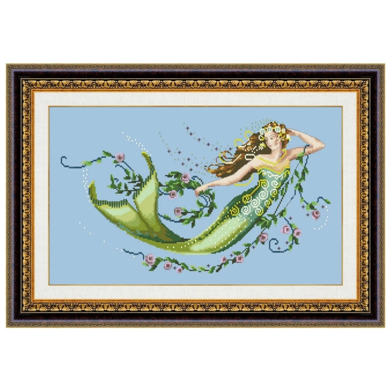 

Emerald mermaid cross stitch kit fairy with beads aida fabric 18ct 14ct 11ct sky blue canvas embroidery kits DIY craft set