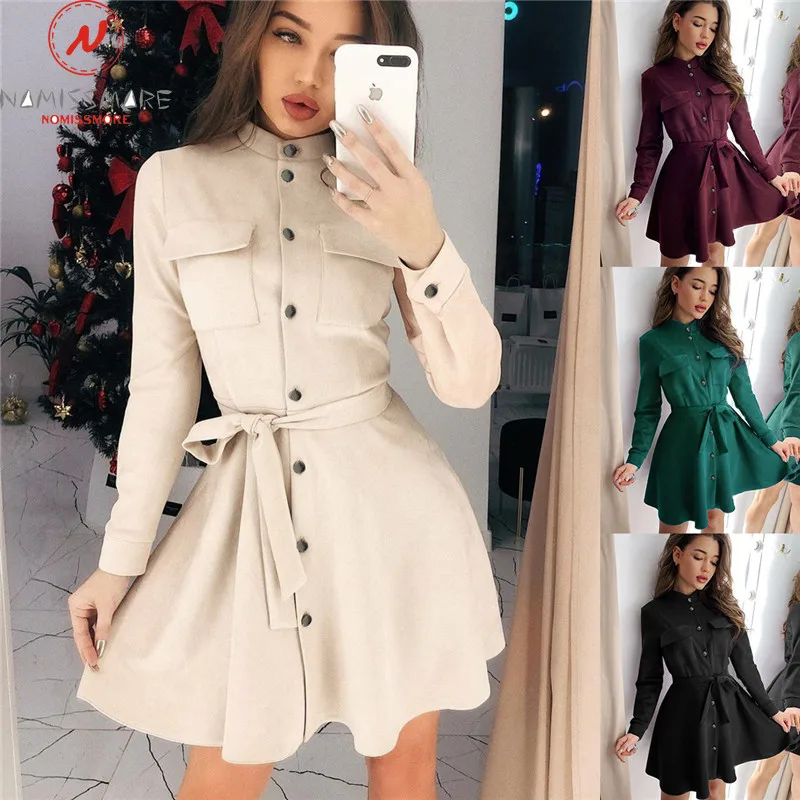 England Style Women Solid Color A-Line Dress Single-Breasted Design Bandage Decor Stand Collar Long Sleeve Mid Waist Slim Dress
England Style Women Solid Color A-Line Dress Single-Breasted Design Bandage Decor Stand Collar Long Sleeve Mid Waist Slim Dress