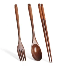 3PCS Portable Wooden Spoon Fork Chopstick Three Kit Wooden Tableware Set Utensils For Kitchen Natural Environmental Dinnerware