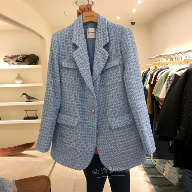 

Женский твидовый Блейзер, однобортный офисный пиджак с длинным рукавом, повседневная верхняя одежда, осень-зима 2020