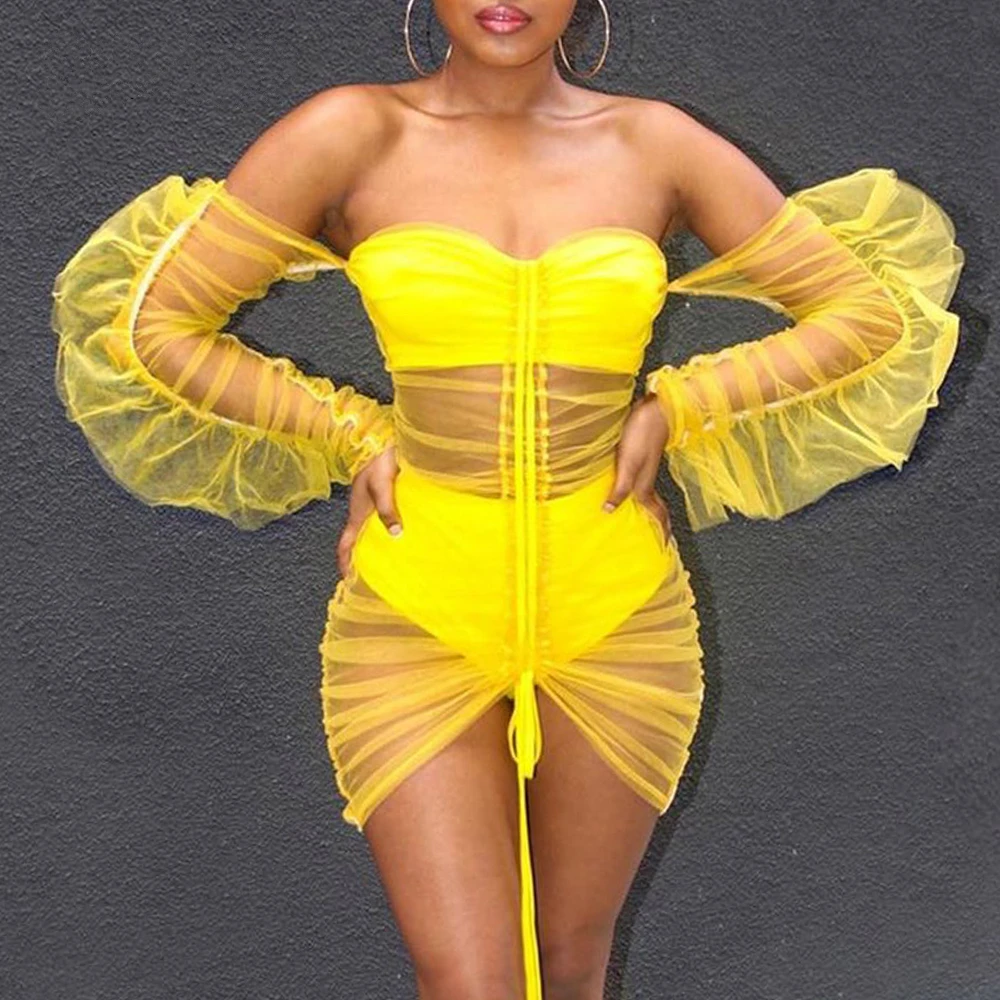 Women Off Shoulder Frill Long Sleeve Mesh Mini Dress Strapless See Through Strappy Ruched Night Club Party Sexy Dress Vestidos
Women Off Shoulder Frill Long Sleeve Mesh Mini Dress Strapless See Through Strappy Ruched Night Club Party Sexy Dress Vestidos