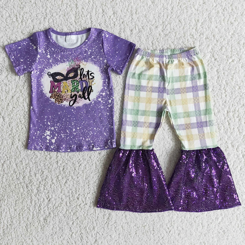 

High Quality Kids Purple Blouses Plaid And Sequins Stitching Flare Pants Set Baby Girls Mardi Gras Short Sleeve Outfit