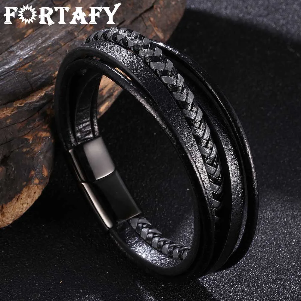 

FORTAFY Charm Leather Bracelets Men Jewelry Stainless Steel Magnetic Clasp Multilayer Braided Rope Wristband for Male FR1075