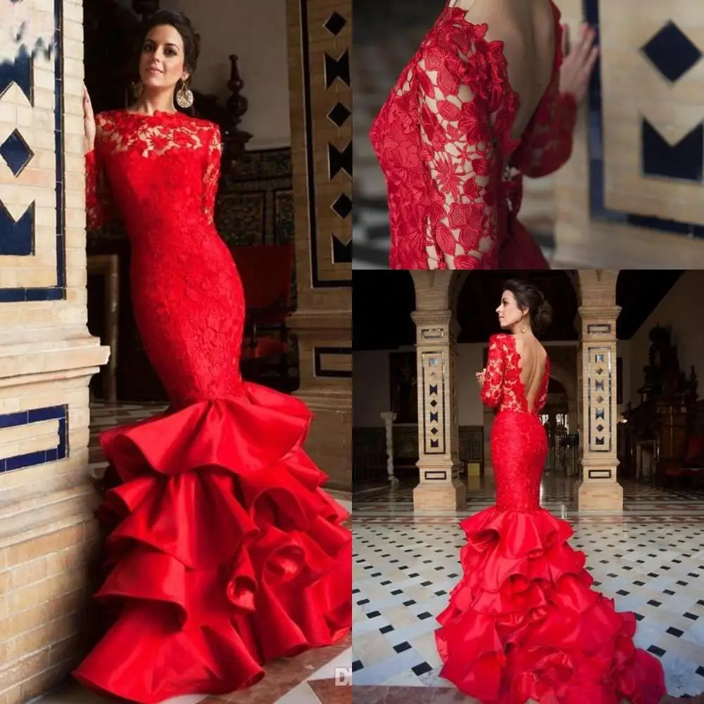 2020 Red Mermaid Backless Evening Dresses Wear Lace Sexy Backless Tiered Ruffles Gateau Illusion Sweep Train Prom Dress
2020 Red Mermaid Backless Evening Dresses Wear Lace Sexy Backless Tiered Ruffles Gateau Illusion Sweep Train Prom Dress