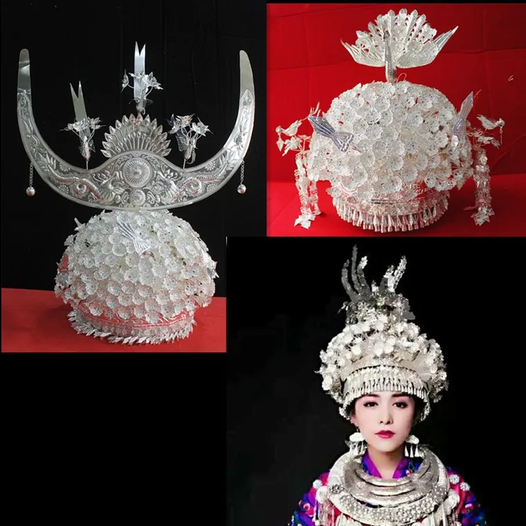 

Miao Silver Hats Chinese Ethnic Retro Style Wedding Clothing Accessories Miao Hmong Bijoux Jewelry Hmong Hat