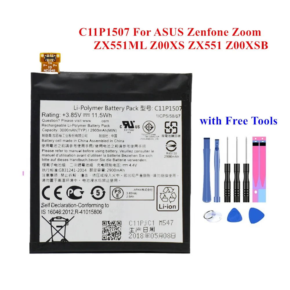 100% New Battery C11P1507 For ASUS ZenFone Zoom ZX551 ZX550 ZX551ML Z00XSB 2900mAh Full Capacity Li-Polymer Akku +Tools
100% New Battery C11P1507 For ASUS ZenFone Zoom ZX551 ZX550 ZX551ML Z00XSB 2900mAh Full Capacity Li-Polymer Akku +Tools