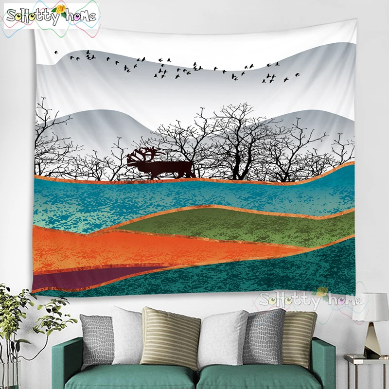 Nordic Landscape Tapestry Wall HangingTravel Camping Mat Sunrise Oil Painting Pattern Yoga Pad Sleeping Carpet Beach Blanket