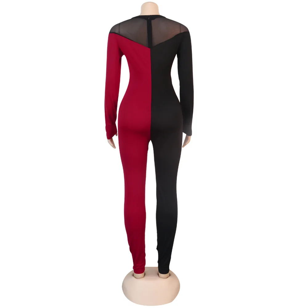 

Black Red Color Block Spliced Sexy Slim Romper Women Sheer Mesh See Through Stacked Bodycon Jumpsuit Trendy Long Sleeve Catsuit