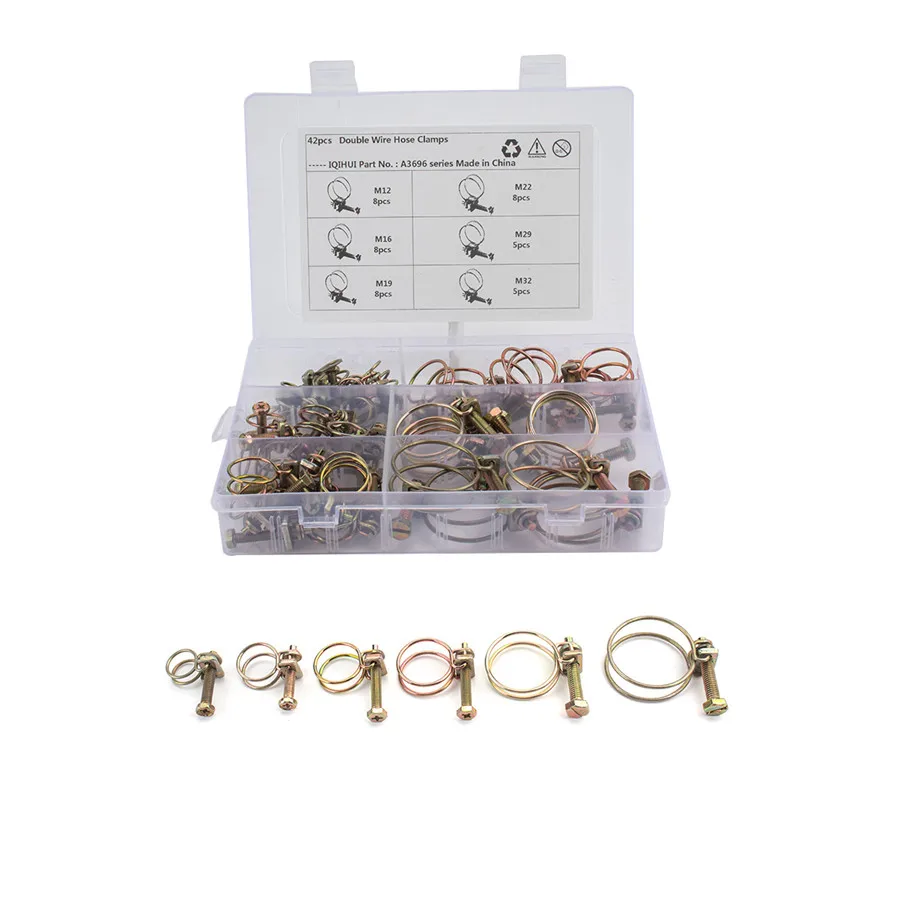 42×Universal Double Wire Hose Clamp Pipe Clip Screw Bolt Tight Fitting Classic Type Adjustable Double Wire Hose Clamps
42×Universal Double Wire Hose Clamp Pipe Clip Screw Bolt Tight Fitting Classic Type Adjustable Double Wire Hose Clamps