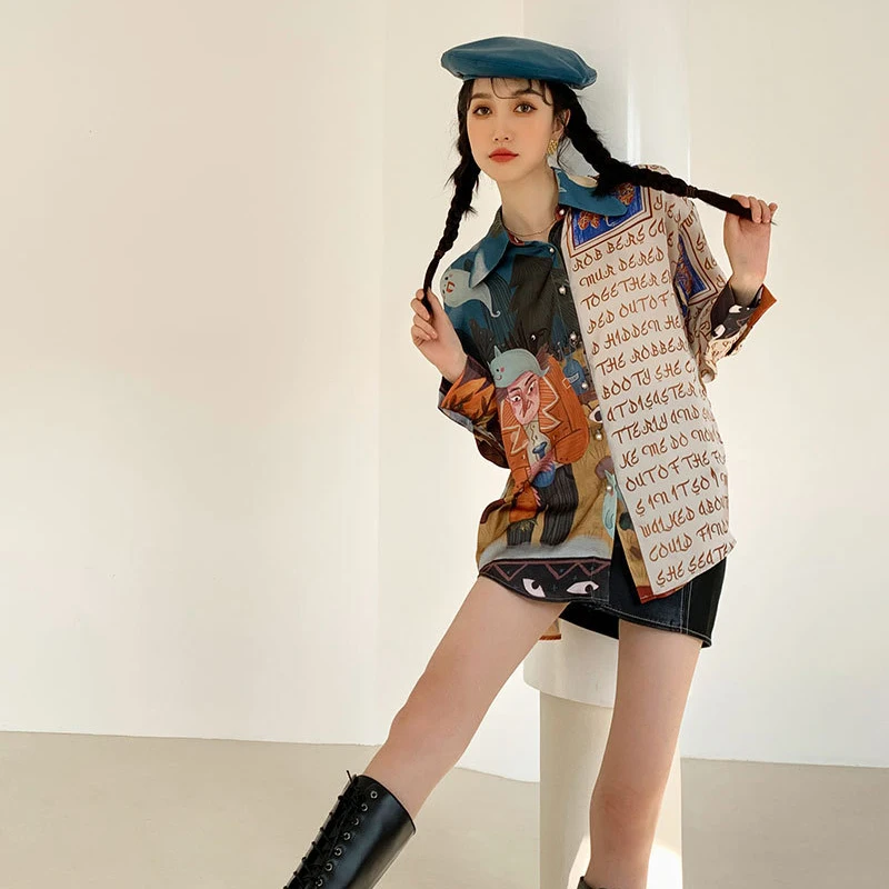 XIZIHUPAN Print Letter Asymmetrical T Shirt For Women Lapel Long Sleeve Cartoon Hit Color Chiffon Blouses Female 2021 Spring New 
XIZIHUPAN Print Letter Asymmetrical T Shirt For Women Lapel Long Sleeve Cartoon Hit Color Chiffon Blouses Female 2021 Spring New