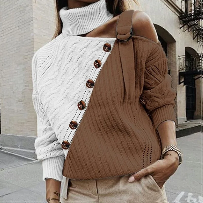 Fashion Button Turtleneck Knitted Sweaters Women Jumper Autumn Winter Strap Pullover Long Sleeve One Shoulder Knitwear Female
Fashion Button Turtleneck Knitted Sweaters Women Jumper Autumn Winter Strap Pullover Long Sleeve One Shoulder Knitwear Female
