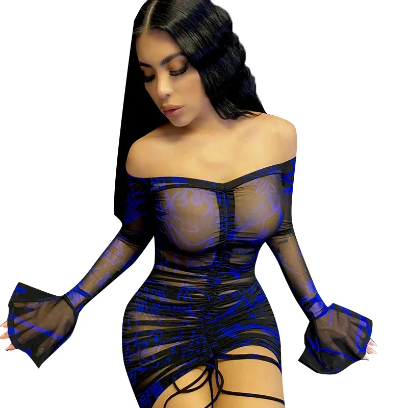 Dresses Women Sexy & Club Voile Sheath Shirring Above Knee Mini Summer Printing Strapless Flared Sleeves Short Skirt