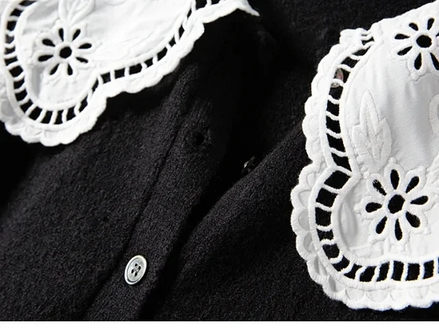 Black Knit Sweater Womens Peter pan Collar Embroidery Hollow out Long Sleeve Cardigan
Black Knit Sweater Womens Peter pan Collar Embroidery Hollow out Long Sleeve Cardigan