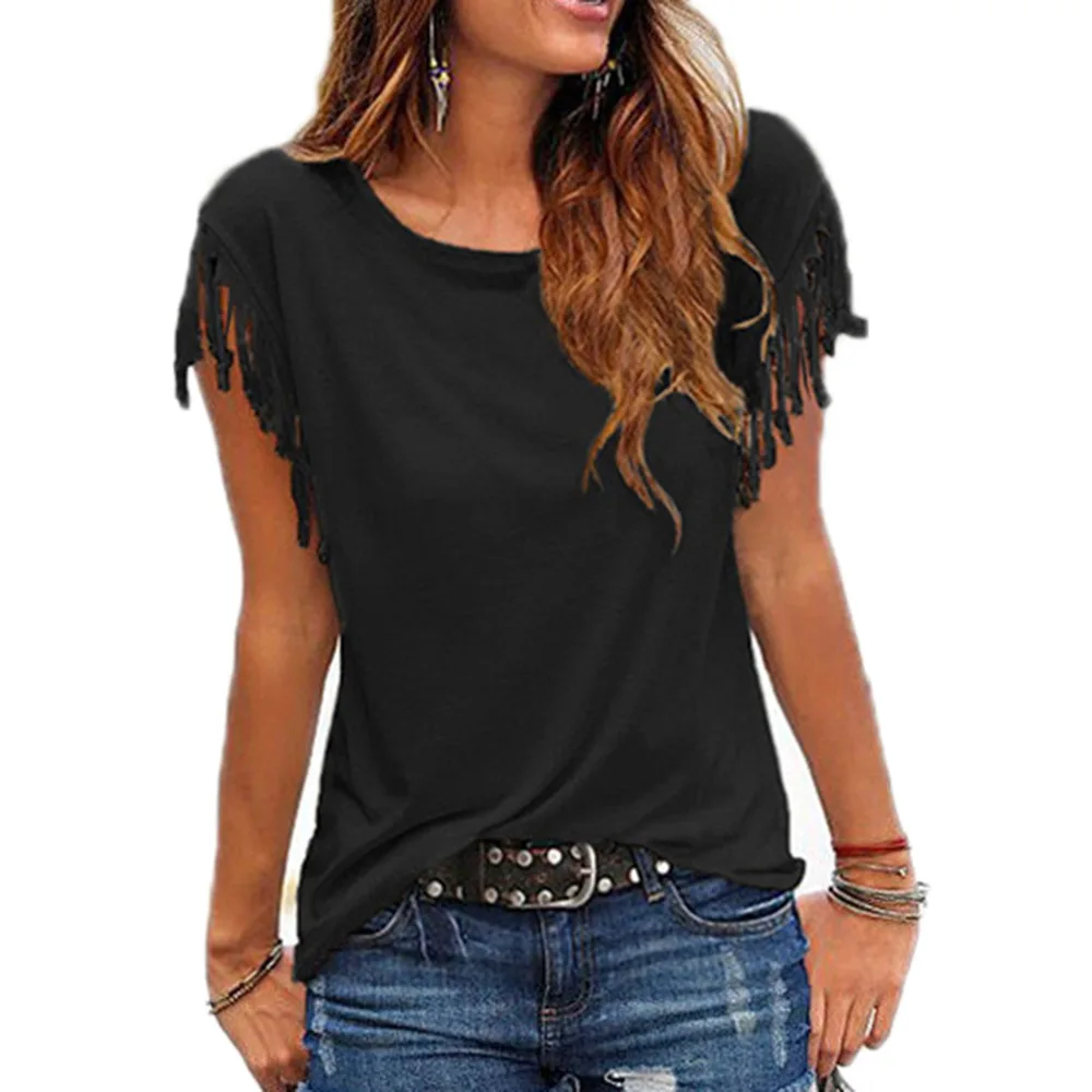 Женская футболка с кисточками летняя простая Базовая коротким рукавом и круглым