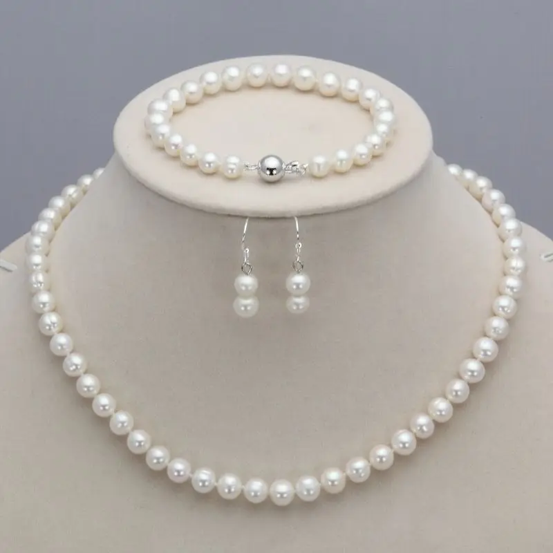 

New 7-8mm Natural Freshwater Pearl Necklace Bracelet Earrings Set 18" 7.5"AA