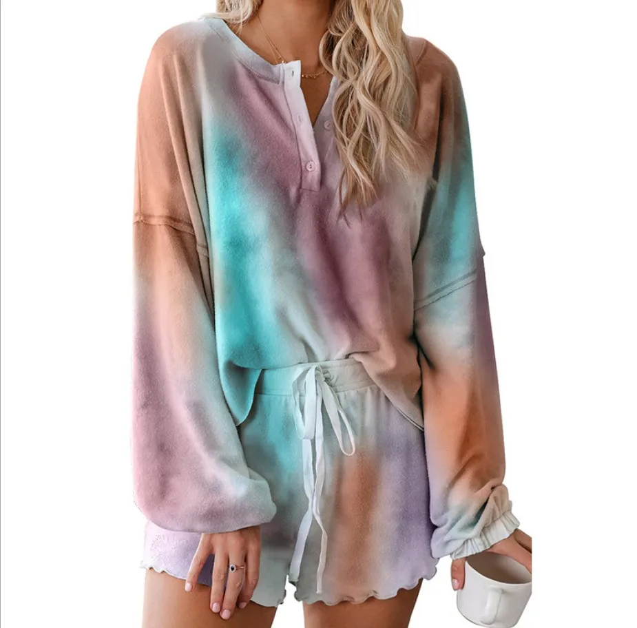 Tie-Dye Pajamas Set Women Breathable Long Sleeve Tops Ruffle Lace Up Shorts Leopard Loungewear Sleepwear Sports Home Clothes
Tie-Dye Pajamas Set Women Breathable Long Sleeve Tops Ruffle Lace Up Shorts Leopard Loungewear Sleepwear Sports Home Clothes