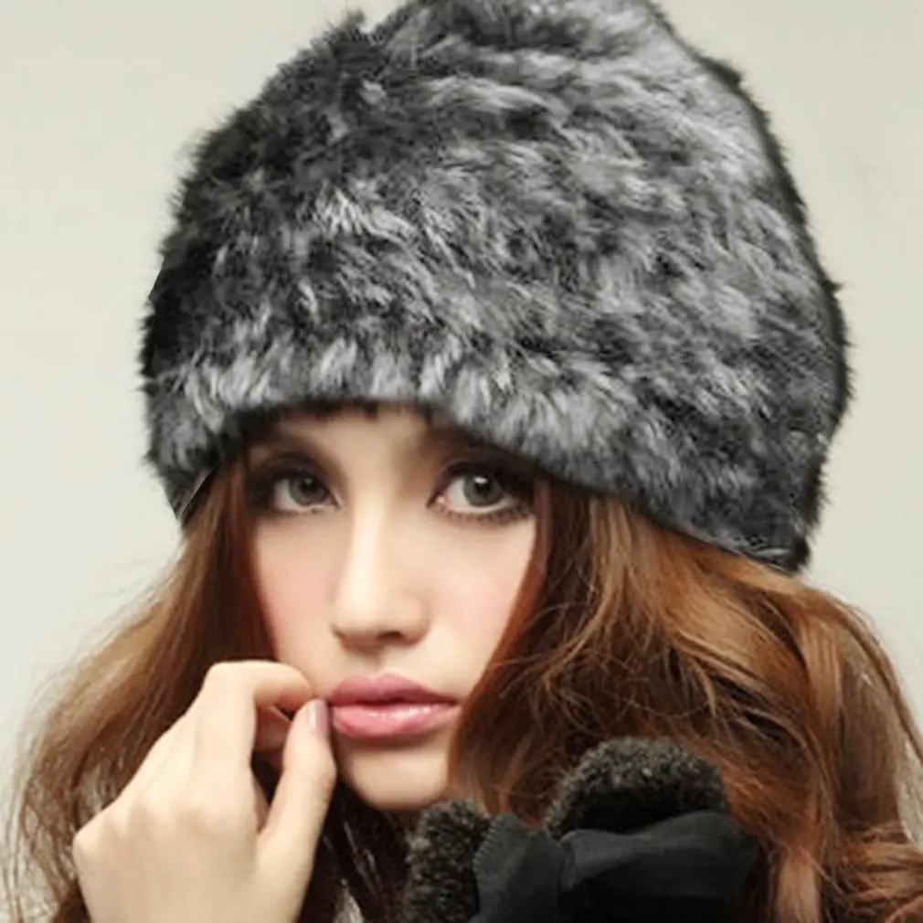 Women Rabbit Fur Knitted Cap Ladies Knitting wool Casual beanies caps cute Girls cap winter thick warm hats Russian Style | Аксессуары