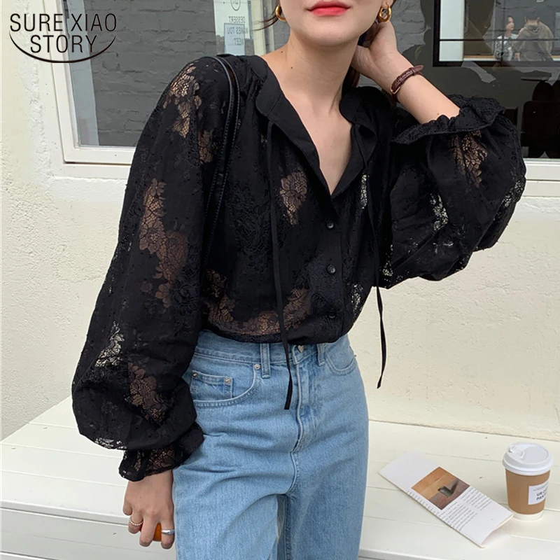 2022 Women Blouse with Lace Lantern Long Sleeve Transparent Blouse Loose Sexy Cardigan Lace Shirt Autumn Black Lace Tops 10202 
2022 Women Blouse with Lace Lantern Long Sleeve Transparent Blouse Loose Sexy Cardigan Lace Shirt Autumn Black Lace Tops 10202