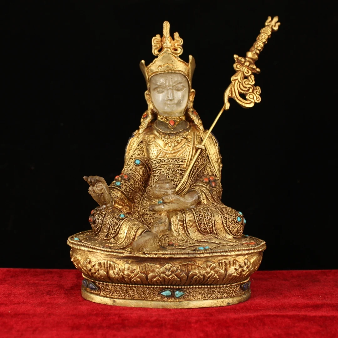 

Коллекция тибетских храмов 8 дюймов, старинная бронзовая позолоченная мозаика, драгоценный камень, филигранная зеркальная статуэтка Будды