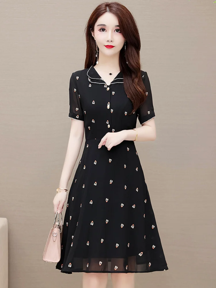 Chiffon Loose Plus Size Women's Dress New Casual Fashion Dresses V-neck Mid-length Short Sleeve Polka Dot Summer Houthion 
Chiffon Loose Plus Size Women's Dress New Casual Fashion Dresses V-neck Mid-length Short Sleeve Polka Dot Summer Houthion