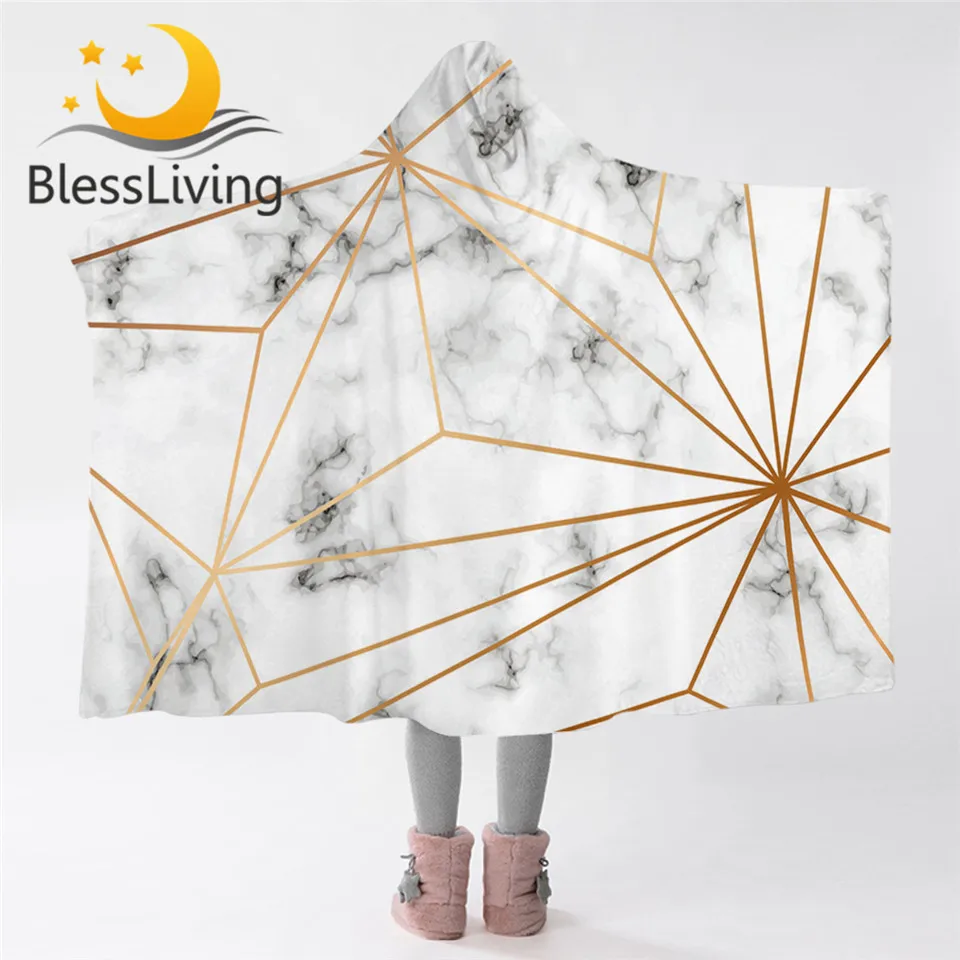

Blessliving Marble Hooded Blanket for Adult Stylish Sherpa Fleece Black White Golden Wearable Blanket Nature Inspired Bedding