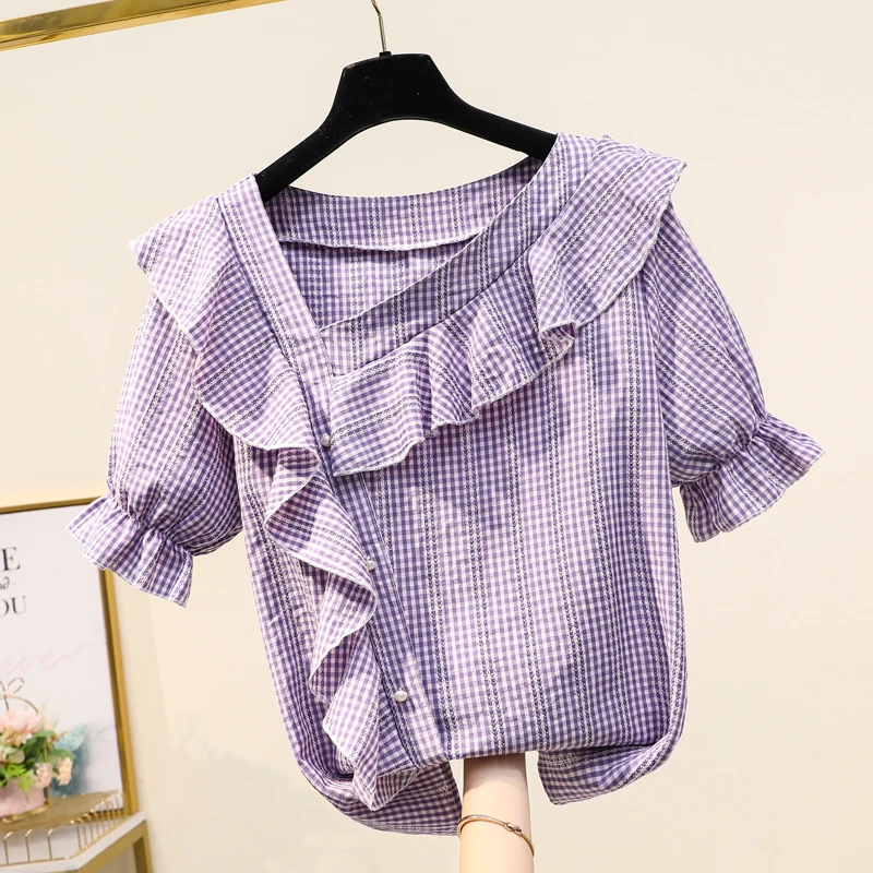 New Summer Women Skew Collar Short Sleeve Plus Size Loose Blouse Fashion Ruffles Plaid Shirt Casual Women Tops
New Summer Women Skew Collar Short Sleeve Plus Size Loose Blouse Fashion Ruffles Plaid Shirt Casual Women Tops
