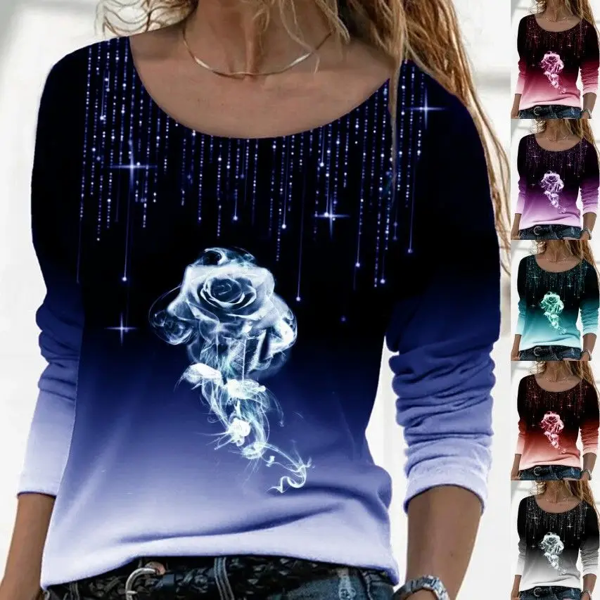 2021 new long sleeve loose round neck casual Pullover rose print T-shirt for women
2021 new long sleeve loose round neck casual Pullover rose print T-shirt for women