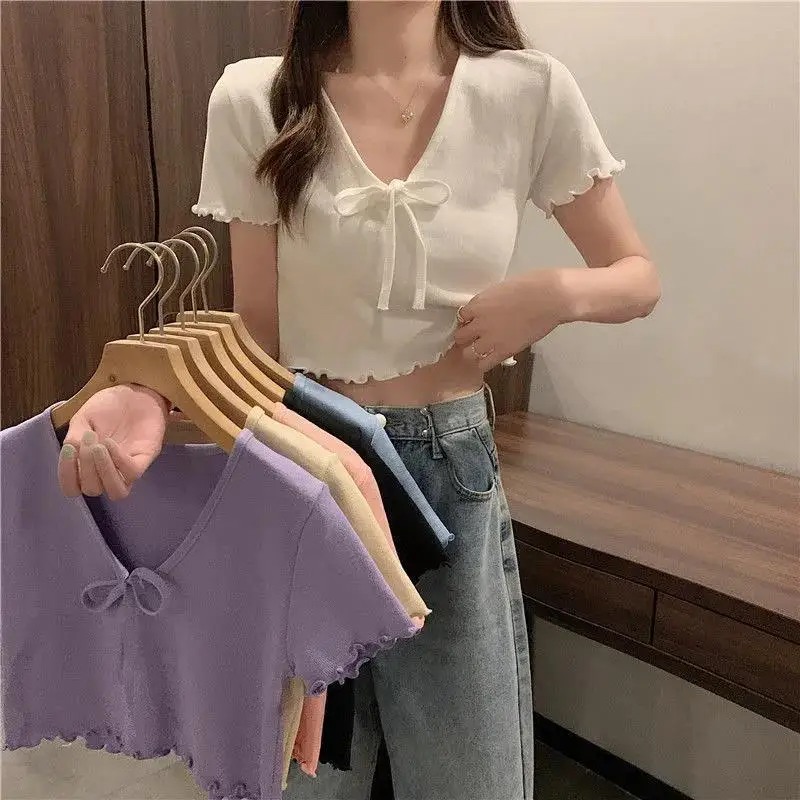 Korean Clothes Casual Crop Top Pulovers Sexy Aesthetic Short Sleeve Knitting Fashion Plain Women's T-shirt Summer T Shirt V-Neck
Korean Clothes Casual Crop Top Pulovers Sexy Aesthetic Short Sleeve Knitting Fashion Plain Women's T-shirt Summer T Shirt V-Neck