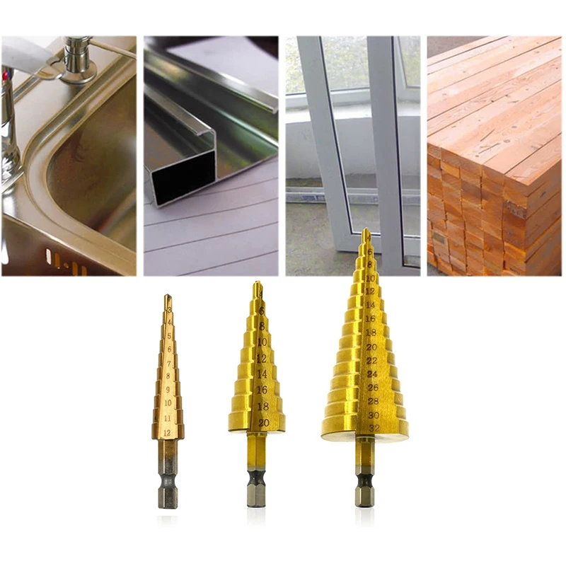 3pcs HSS Step Drill Bit Set 3-12mm 4-12mm 4-20mm Straight Groove Titanium Coated Core Drill Bit Set Wood Metal Cone Hole Cutter
3pcs HSS Step Drill Bit Set 3-12mm 4-12mm 4-20mm Straight Groove Titanium Coated Core Drill Bit Set Wood Metal Cone Hole Cutter