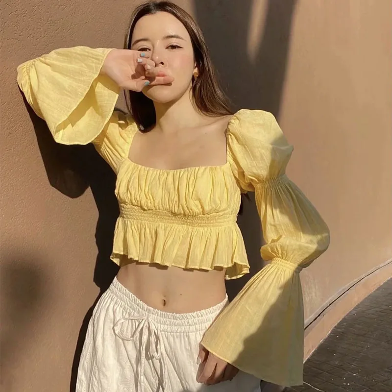 Solid Fashion Women Blouse 2021 New Flare Sleeve Shirts Ladies Vintage Crop Top Square Collar Pollover Girl Sexy Shirt Tops Chic
Solid Fashion Women Blouse 2021 New Flare Sleeve Shirts Ladies Vintage Crop Top Square Collar Pollover Girl Sexy Shirt Tops Chic