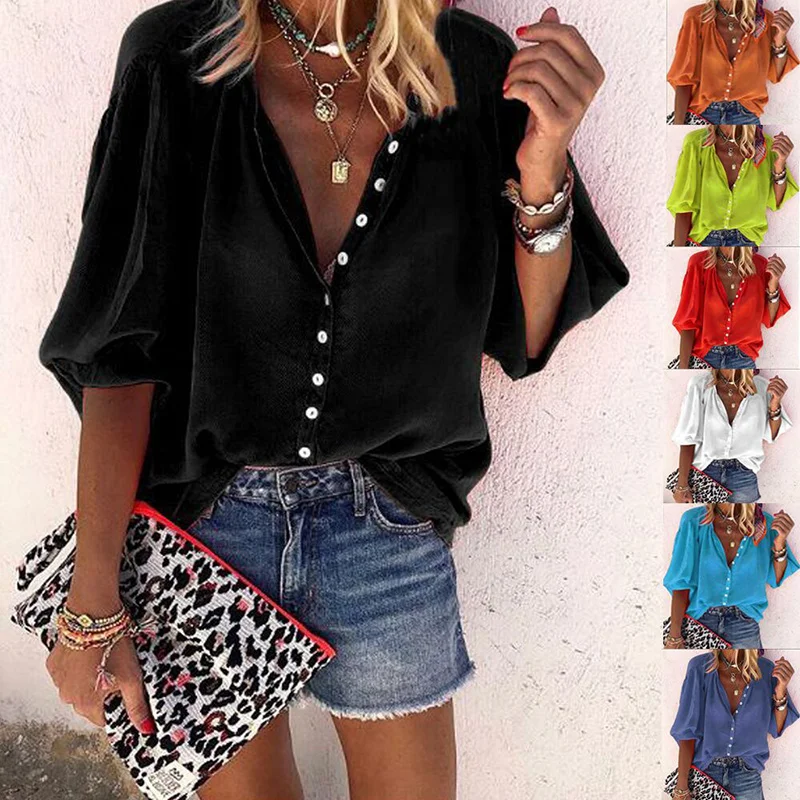 Spring Autumn Women Tops V Neck Middle Sleeve Solid Color Buttoned Loose Casual shirt for Party Travel Vacation XRQ88
Spring Autumn Women Tops V Neck Middle Sleeve Solid Color Buttoned Loose Casual shirt for Party Travel Vacation XRQ88