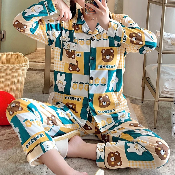 Autumn Long Sleeve Women Pajamas Set Cardigan Lapel Yellow Plaid Bear Female Pyjamas Set Winter Women Sleep Wear 2 Piece Suit
Autumn Long Sleeve Women Pajamas Set Cardigan Lapel Yellow Plaid Bear Female Pyjamas Set Winter Women Sleep Wear 2 Piece Suit