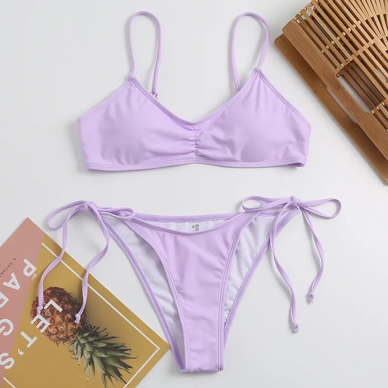 

Sweet Purple Bandeau Bikini Set Swimwear Women Ruched Swimsuit Sexy Mini String Thong Bathing Suit Biquinis Bikinis 2021 Mujer