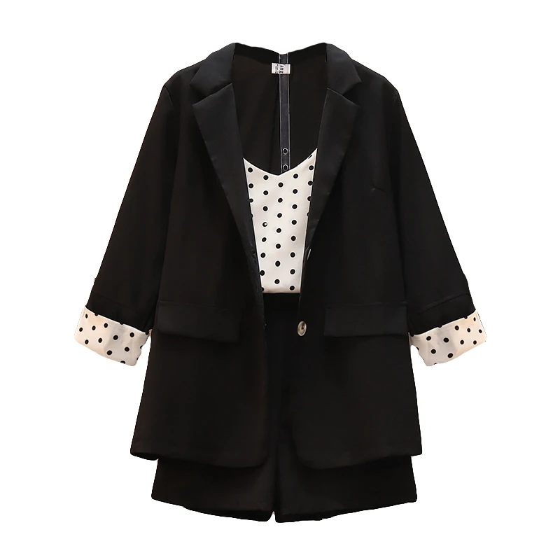 Plus size Fashion suit women spring and summer new Korean short-sleeved suit high waist shorts polka dot vest three-piece suit
Plus size Fashion suit women spring and summer new Korean short-sleeved suit high waist shorts polka dot vest three-piece suit