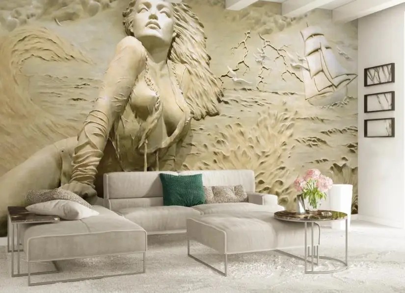 

Custom Wallpaper 3D Three-dimensional relief seaside sexy beauty TV couch background wall living room bedroom mural 3d wallpape