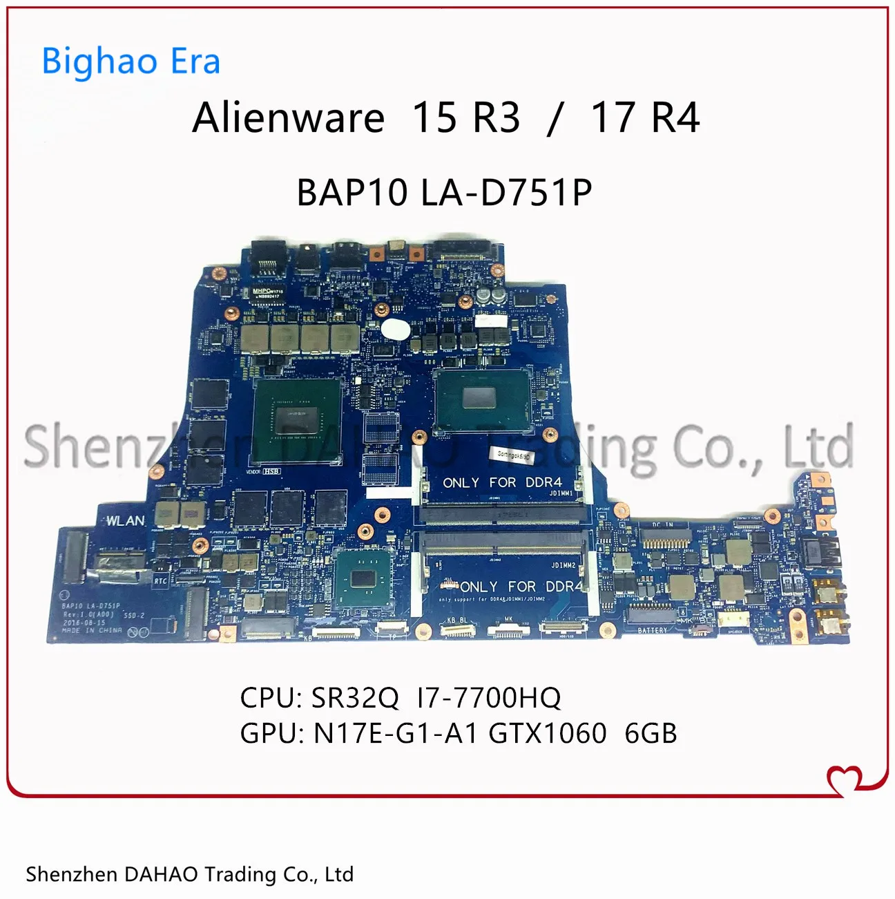 Модель BAP10 для DELL Alienware 15 R3 17 R4, материнская плата для ноутбука, LA-D751P 0NXK67, CN-0NXK67 GTX1060, 6GB-GPU 100%, полностью протестирована
Модель BAP10 для DELL Alienware 15 R3 17 R4, материнская плата для ноутбука, LA-D751P 0NXK67, CN-0NXK67 GTX1060, 6GB-GPU 100%, полностью протестирована